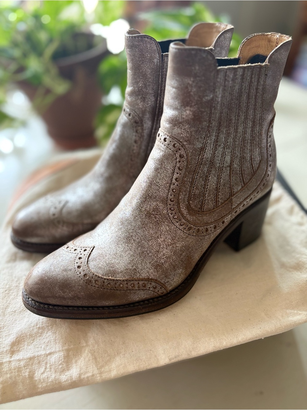 Leather Ankle Booties in silvery brown by The Office of Angela Scott, sz. 38.